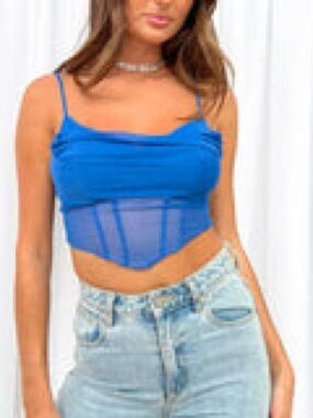 Beginning Boutique Blue Spaghetti Strap Mesh Corset Crop Top
